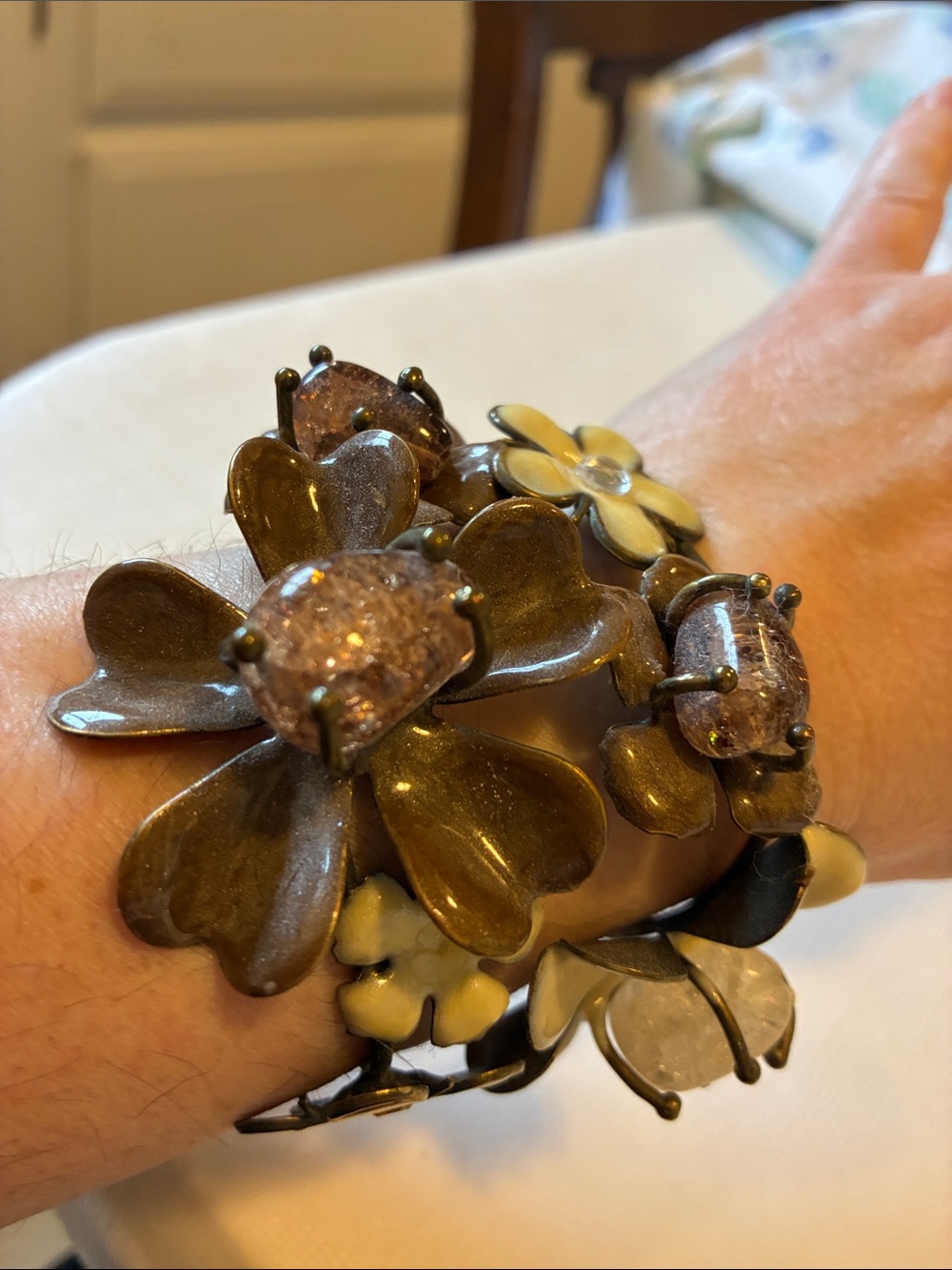 Vintage Floral Cuff Bracelet in Brown and Yellow